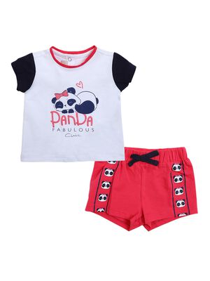 Girls White & Pink Printed T-Shirt with Short Pants